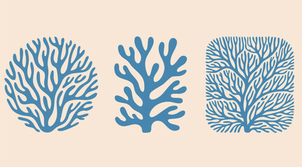 Vector Sea Coral Icon Set. Boho Seaweed, Reef Silhouettes. Matisse Style Ocean Simple Plant. Coastal Summer Beach Illustration for Print, Poster, Logo. Naive Art Coral Set. Reef, Algae Organic Shape © BK2003