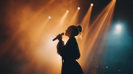 Dynamic Female Artist Silhouette in Focus on Music Venue Stage