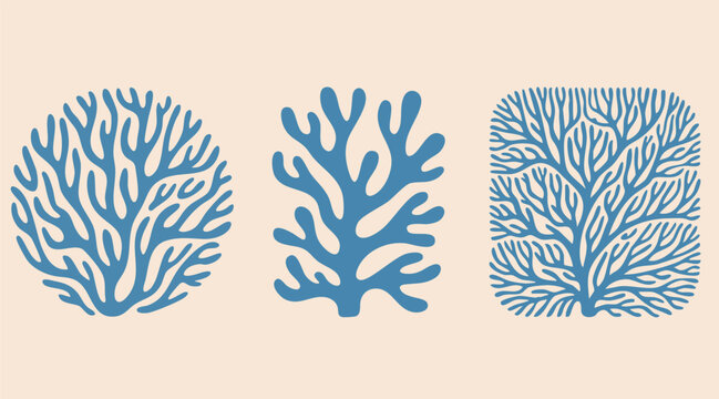 Vector Sea Coral Icon Set. Boho Seaweed, Reef Silhouettes. Matisse Style Ocean Simple Plant. Coastal Summer Beach Illustration for Print, Poster, Logo. Naive Art Coral Set. Reef, Algae Organic Shape