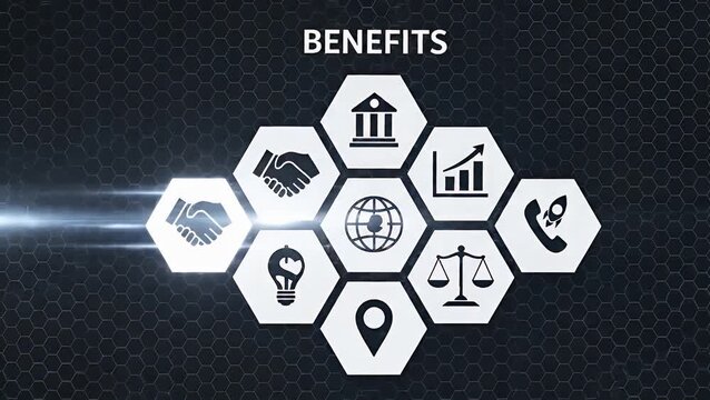 Hexagonal infographic icons representing various business benefits and key concepts