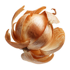 A single yellow onion with its papery outer skin partially peeled away against a dark background