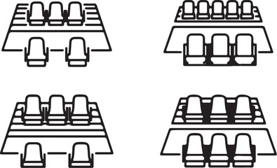 Four Seating Arrangement Icons in Outline Style on White Background chairs seats 