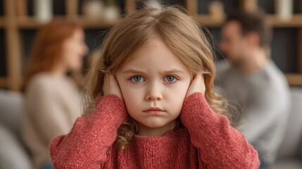 Young Girl in Pain, Blocking Out Sound of Arguing Family