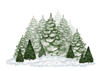 Winter landscape with snow covered evergreen Christmas trees isolated on white.