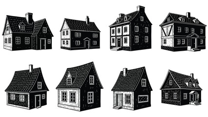 Fototapeta premium A collection of black and white illustrations showing various quaint house designs