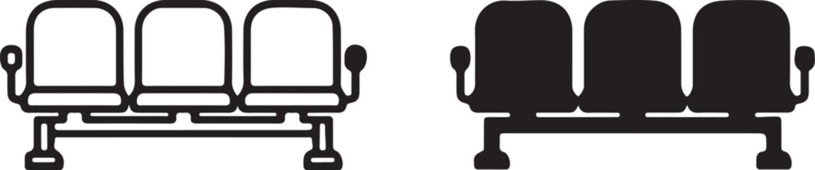 Row of waiting room chairs icon in black and white outline and silhouette seats bench on transparent background