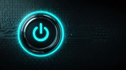 Pulsating Neon Power Button on a Digital Technology Backdrop