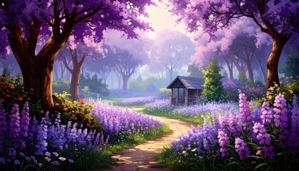 Obraz premium Forest path adorned with purple flowers in painted scene vibrant forest artwork depicts winding path purple blossoms
