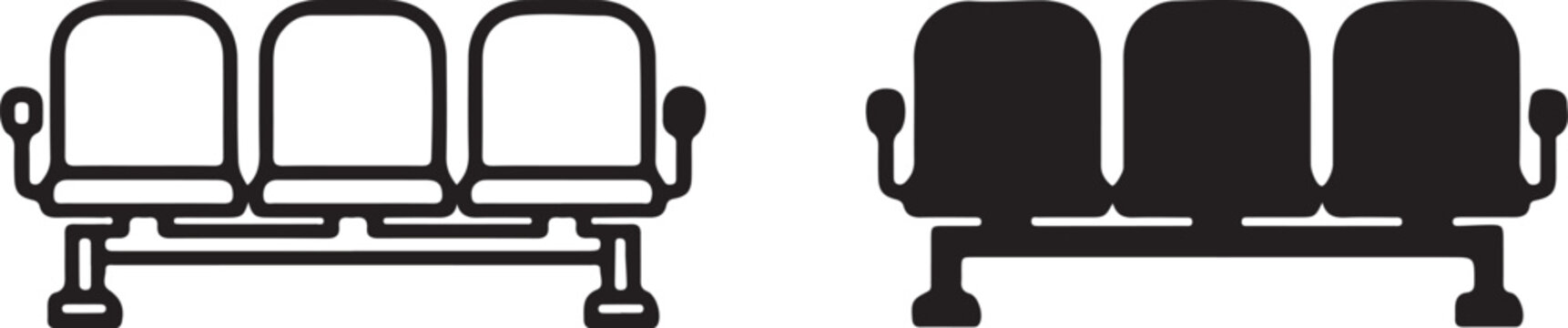 Row of waiting room chairs icon in black and white outline and silhouette seats bench on transparent background