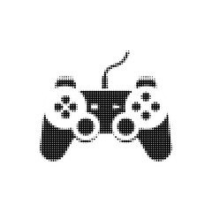 Halftone illustration of a retro game controller with buttons and cable, isolated on white background.