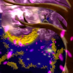 Fantasy Night Forest with Glowing Moon and Magical Light Particles.