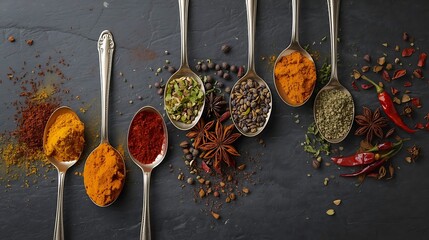 Variety of spices piled high on spoons against a dark background