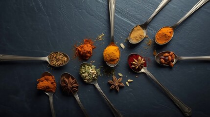 Assortment of spices and dried fruits on spoons
