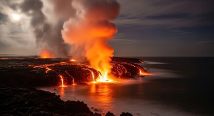 Spectacular Night View of a Volcano Erupting Lava into the Ocean.