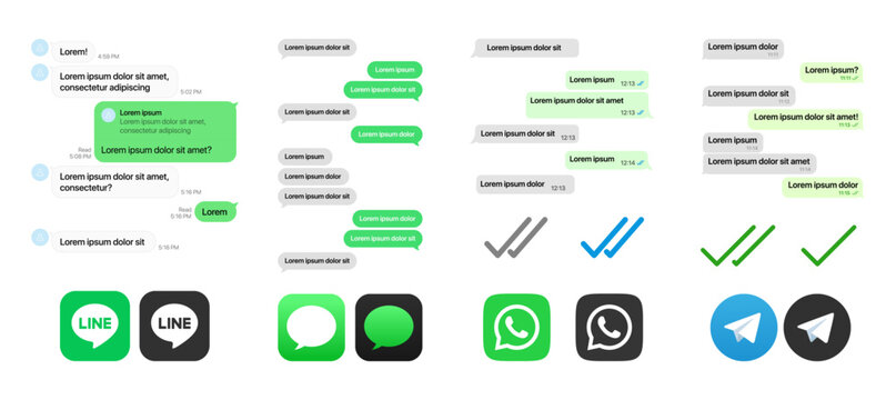 Messaging Apps UI layout showing Line, iMessage, WhatsApp, Telegram with chat bubbles, voice conversation, send/delivered icons, and logos in detailed modern interface vector illustration