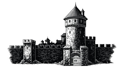 Detailed illustration of a medieval castle tower and fortress walls © Nasima