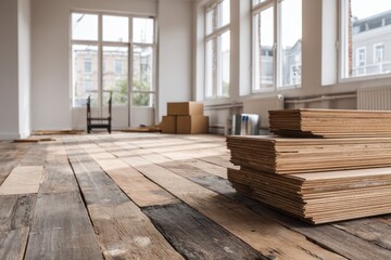 Stacked Wooden Flooring Planks in Empty Renovation Room