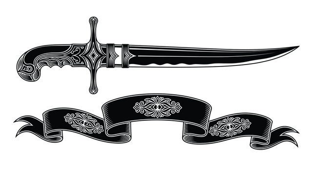 Elegant curved blade dagger with ornate details and decorative ribbon banner