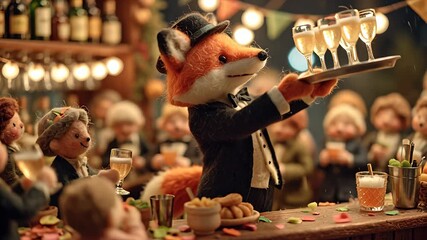 A charming fox bartender in a top hat serves champagne to a lively crowd of animal patrons in a cozy, warmly lit bar, creating a whimsical and festive atmosphere.