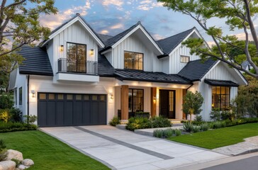 a modern two-story white house with a black garage door and a concrete driveway, located in los angeles
