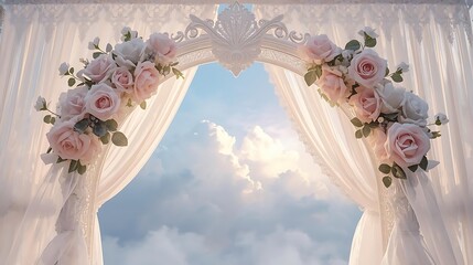 Elegant floral wedding arch with soft clouds and light
