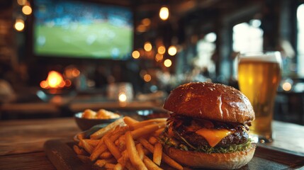 Fast Food Meal and Beer While Watching Football in a Pub