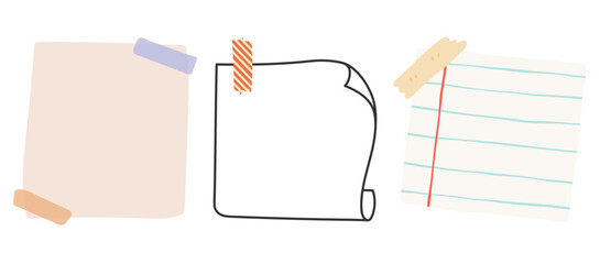 Collection of three diverse blank paper notes with decorative tape, ideal for various reminders and messages isolated on transparent background, Vector