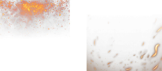 Bright golden orange glowing sparks and embers with smoky diffusion effect on a transparent white background overlay isolated on transparent background, Vector
