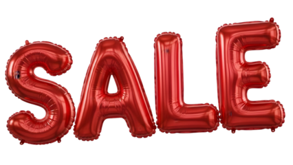 Shiny red balloon letters spelling out the word sale isolated