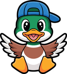 Fototapeta premium Cartoon duck wearing blue baseball cap with wings spread animal bird