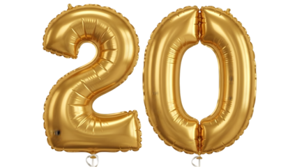 Golden foil number twenty balloons isolated on black background