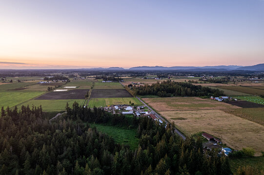 Aerial view of patchwork fields and dark forests meet the horizon under a pastel sky, Buckley, Washington, United States.