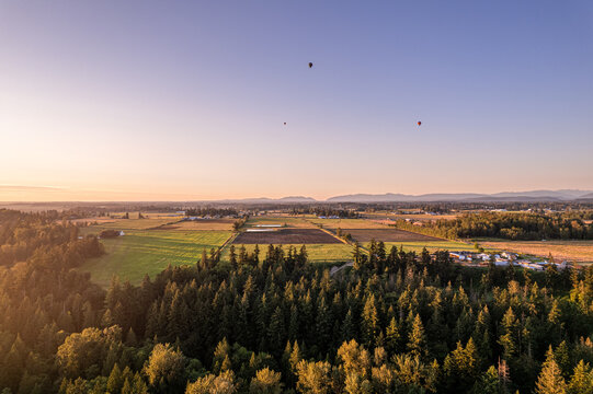 Aerial view of hot air balloons drifting over a patchwork of verdant fields and dense forests, kissed by the warm glow of the setting sun, Buckley, Washington, United States.