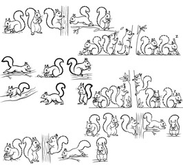 Squirrels Adventures: A collection of various playful squirrel illustrations showcasing their daily activities, including foraging, climbing, and resting.