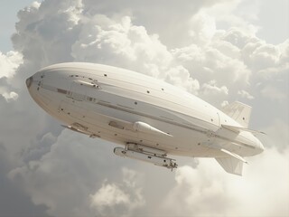 Futuristic white airship gliding through dramatic clouds, blending clean technology and dreamlike aviation aesthetics. A modern Cloud Dancer 2026 vision of serene airborne innovation and exploration.