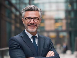 Successful Mature Businessman Smiling Confidently with Arms Crossed Standing Outside Modern Office Building in Financial District with Positive Attitude and Happiness