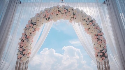 Elegant floral wedding arch with soft white drapes against a sky backdrop