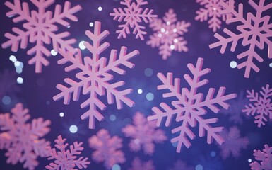 Pink snowflakes with a 3D effect float against a blue and purple bokeh background, creating a festive and magical winter atmosphere.