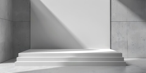 Modern minimalist stage with concrete walls and dramatic light casting shadows