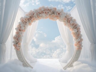 Elegant floral archway with soft draping and dreamy background