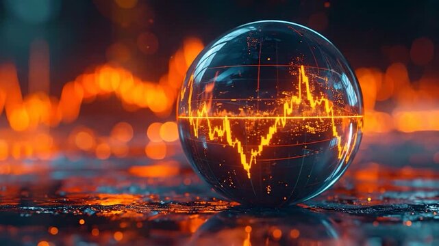 Financial Insight: A glowing orb encapsulates a dynamic financial data visualization. Its intricate patterns and radiant light symbolizing the complex nature of markets and investment.