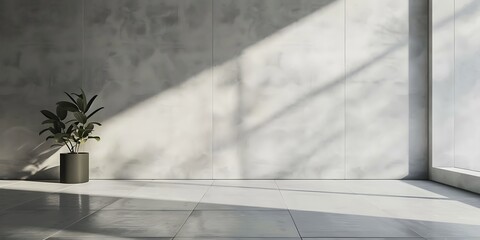 Minimalist interior with a single potted plant bathed in sunlight and shadows on a textured wall.
