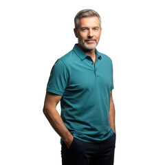 Fototapeta premium A middle aged man with graying hair and a beard wearing a teal polo shirt and dark pants standing with his hands in his pockets isolated on transparent background