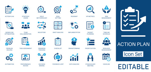Action Plan and Project Management solid icon set. Includes symbols for Strategic Planning, Agile Methodology, SWOT Analysis, and Team Collaboration. Solid vector icons for business goals and workflow