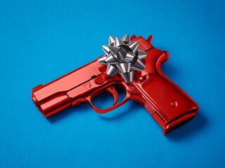 Red metallic handgun with a silver gift bow on top, set against a bright blue background, conceptual and provocative.