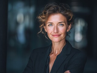 Confident Mature Businesswoman Smiling in an Office Environment Standing with Her Arms Crossed and Wearing Professional Attire and a Dark Gray Blazer with Light Coming From Behind