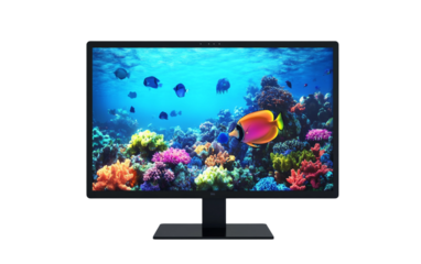 Surreal illustration of a monitor screen displaying an underwater world with marine life