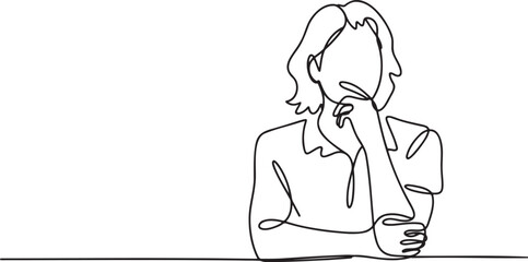 Fototapeta premium Continuous line drawing of thoughtful woman contemplating solution single line art minimal style vector illustration