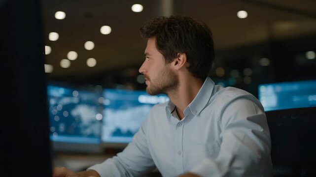 Veteran working remotely as cybersecurity analyst surrounded by glowing monitors &mdash; concept of digital defense, remote work, high-tech career transition, and continued service through protecting