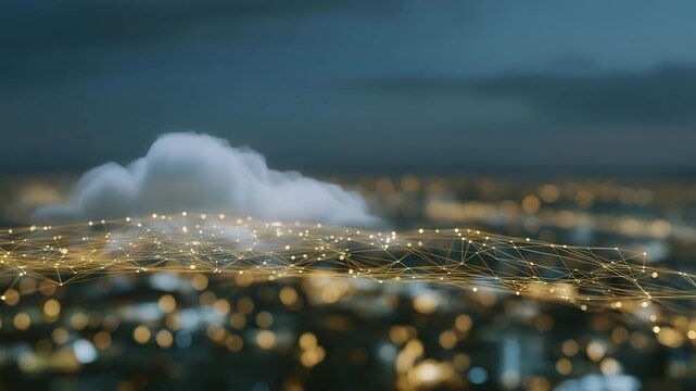 Visualization of a cloud server farm with distributed chip processors connected via glowing fiber optics, showing real-time data flows and holographic AI network overlays, emphasizing cloud